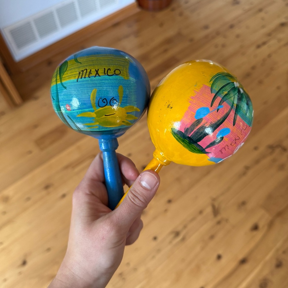 Vintage Hand Painted Colorful Wood Maracas from Mexico Artwork Folk Art Mexican